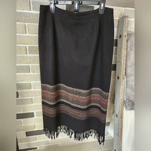 Wool Skirt Southwestern Trim Fringe Bottom Dark Academia